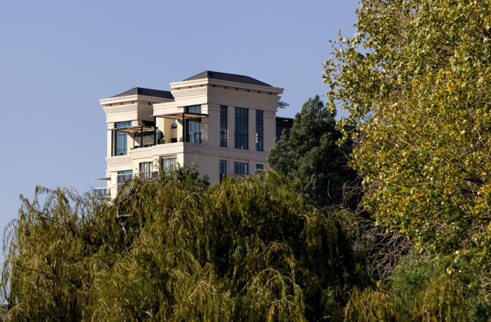Free Image of Tall White Building Over Lush Green Forest 