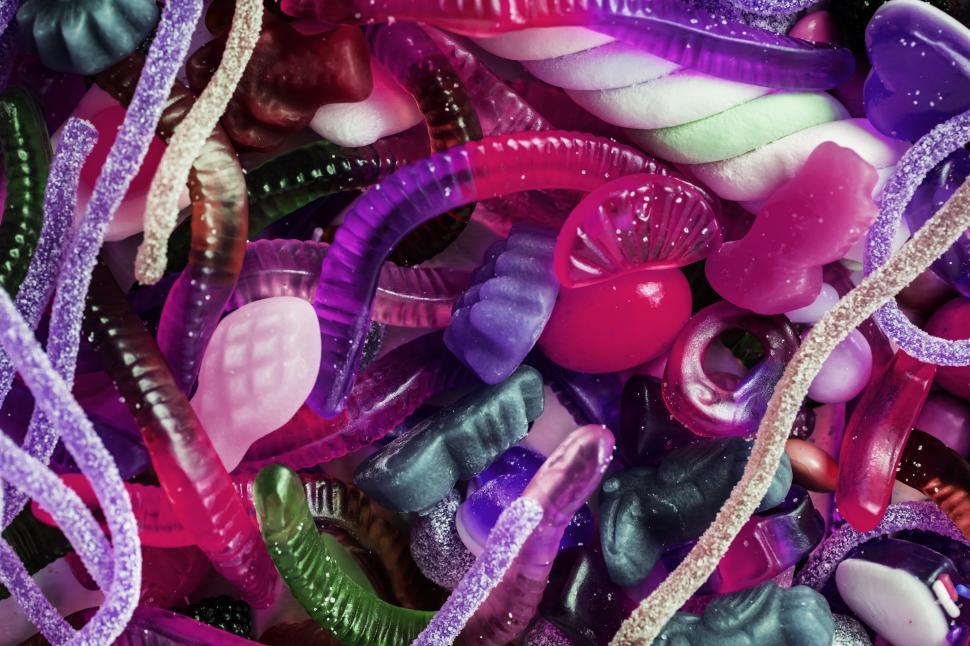 Free Image of Flat lay of hard and gummy fruit candies 