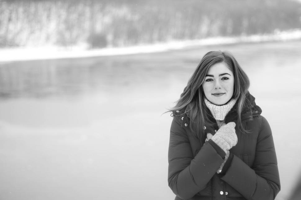 Free Image of Black and White Winter Portrait Of Woman in Jacket  