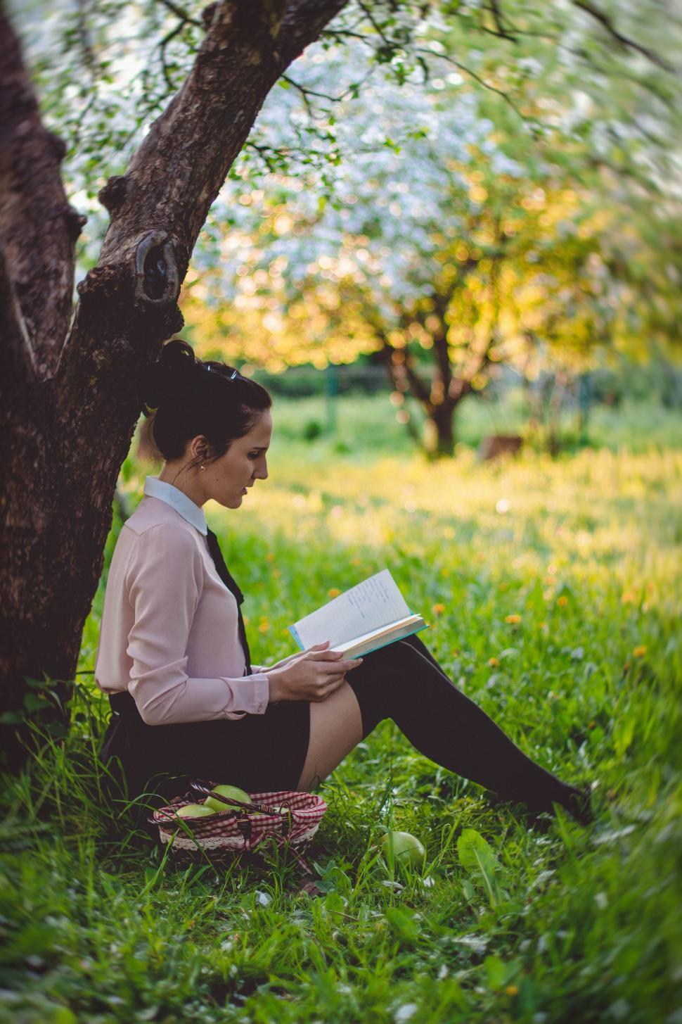 Free Image of Woman sitting under tree reading a book  