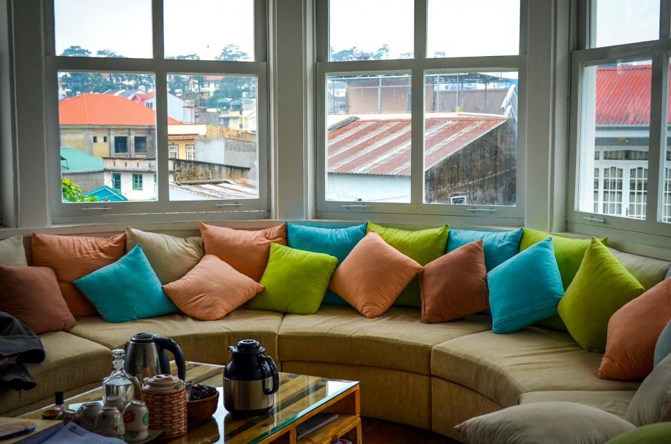 Free Image of Colorful Pillows on Sofa  