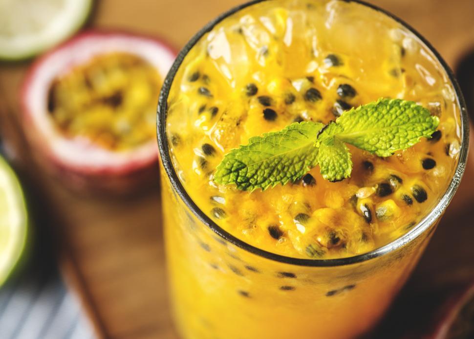 Free Image of Close up of a glass of passion fruit smoothie 