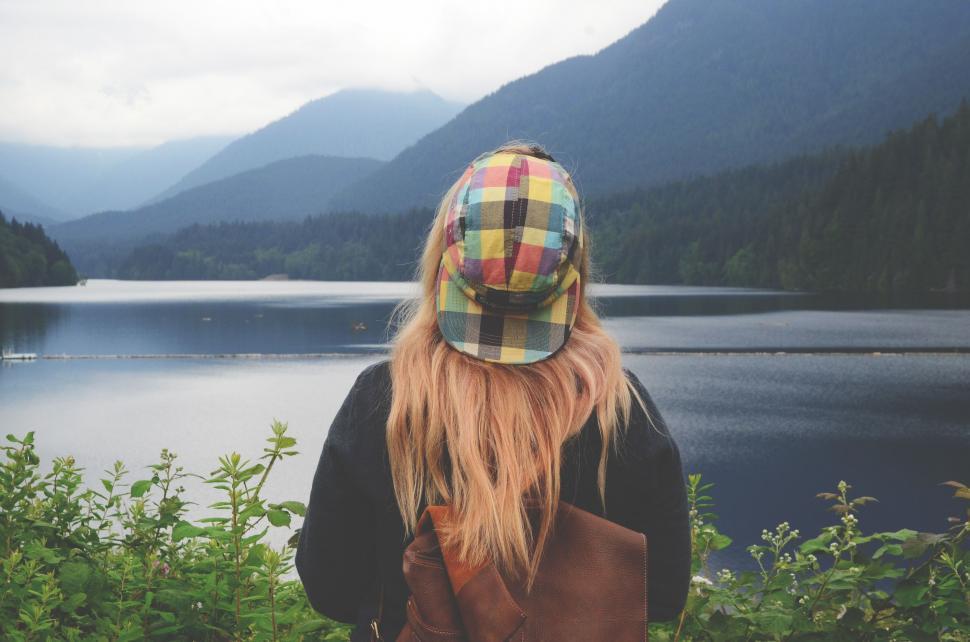 Free Image of Back Side View of Blonde Woman in Cap 
