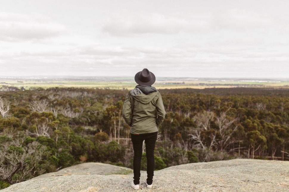 Free Image of Back side on man at mountain view point 