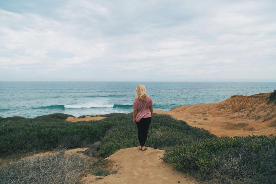 Free Image of Backside View of Blonde Woman at seashore 