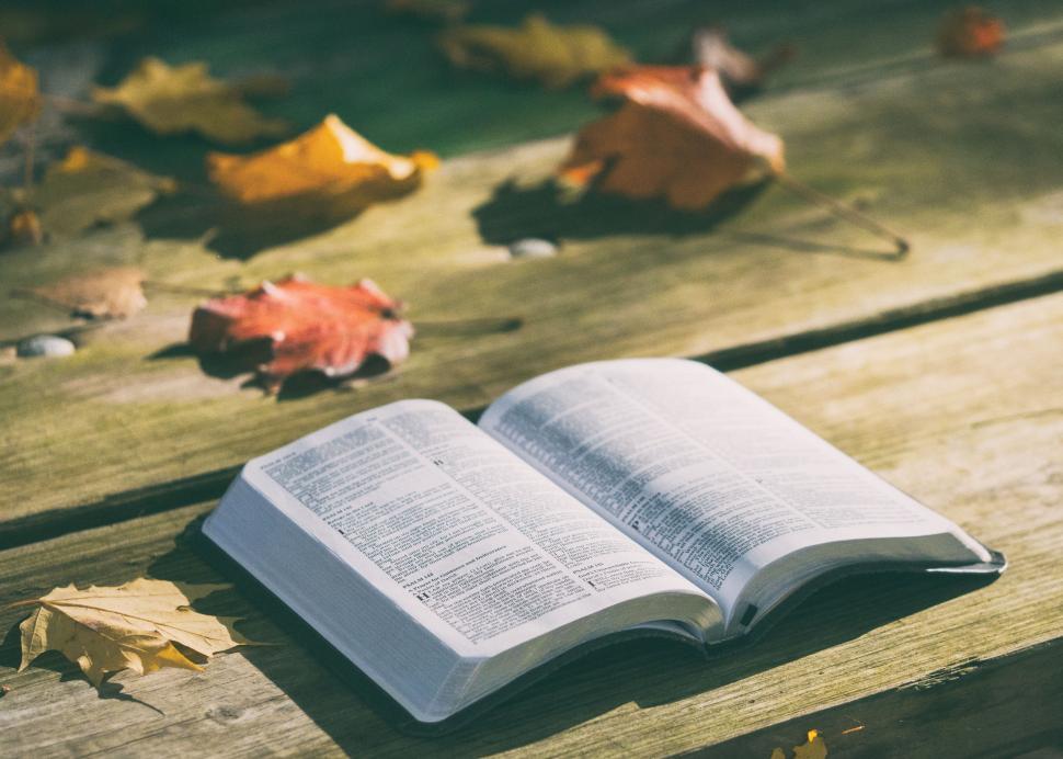 Free Image of Open Bible Book on Wooden Bench  