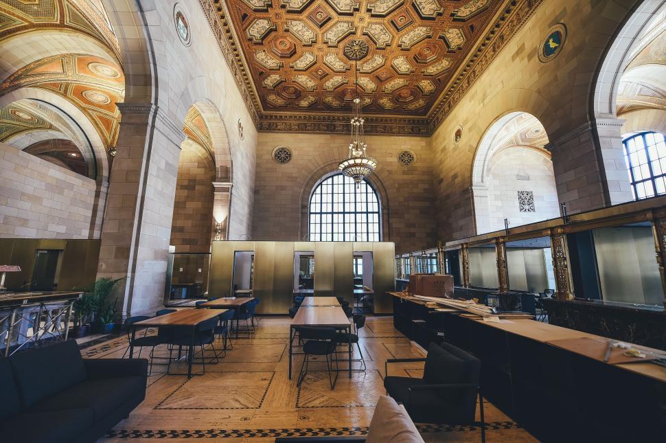 Free Image of Inside view of old style architecture building with furniture  