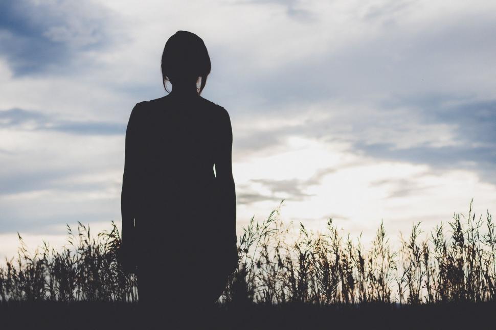 Free Image of Rear dark view of woman with white sky 
