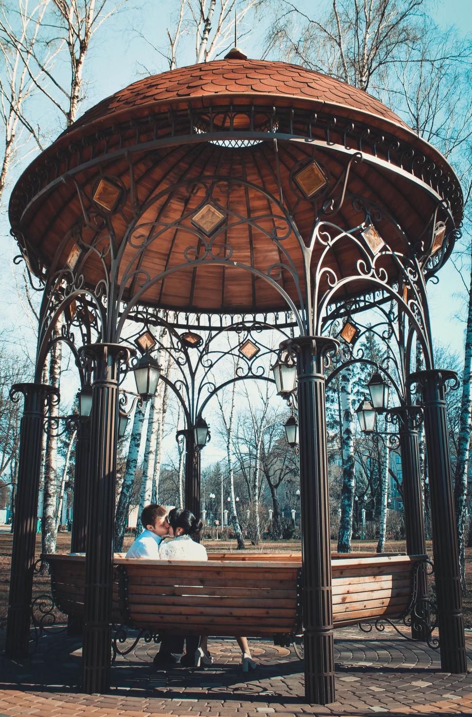 Free Image of Back view of Couple kissing on bench 