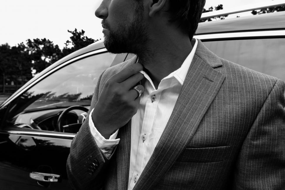 Free Image of Businessman With Car - B&W 