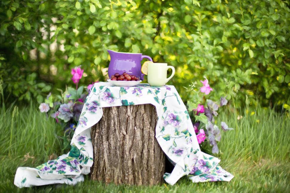 Free Image of Red Grapes and Tea Cups With Green Leaves 