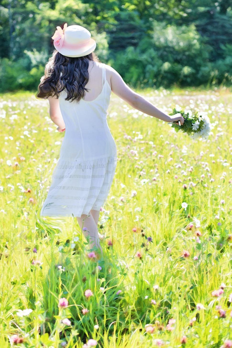 Free Image of Back View of Woman With Hat in Flower Field  