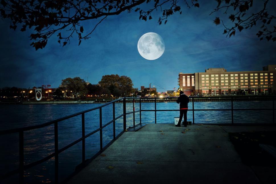 Free Image of Super moon and Trees With Buildings  
