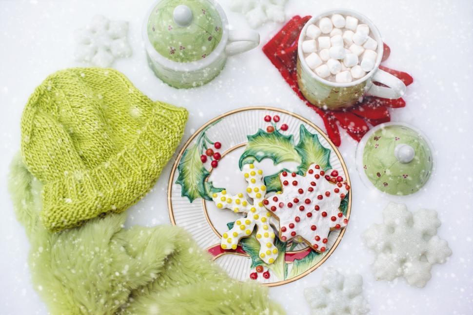 Free Image of Coffee and Christmas Cookies in Snow 