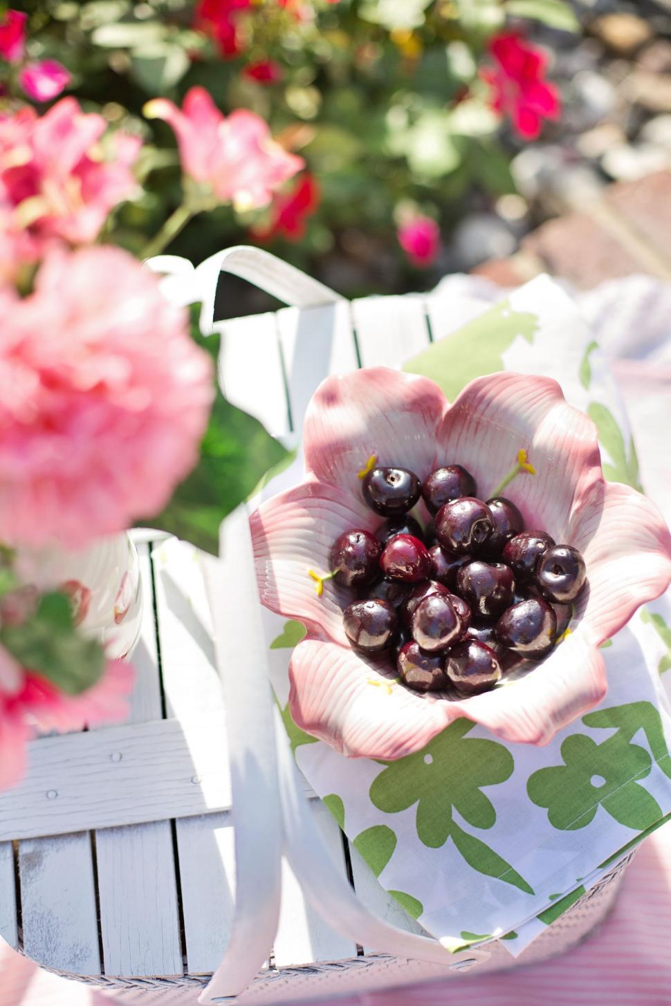 Free Image of Red Cherries and flowers  