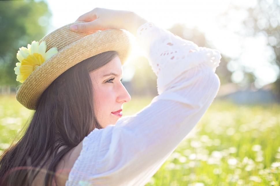 Free Image of Woman With Hat in White Flower Field 