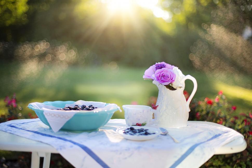 Free Image of Blueberries and purple flowers in white ceramic pitcher 