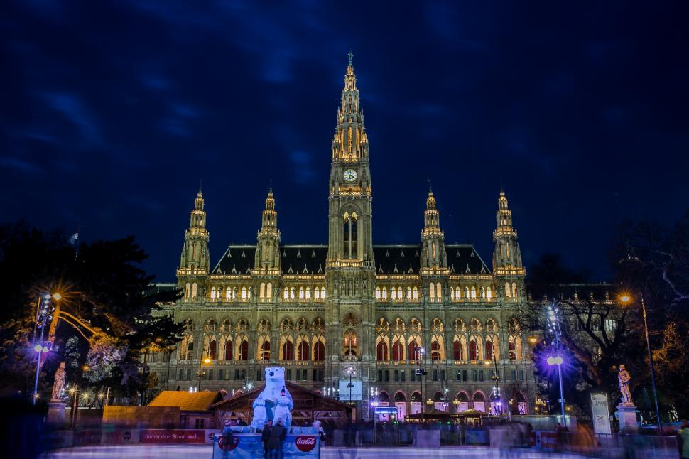 Free Image of Night View of Town hall from ice skating rink in Vienna, Austria 