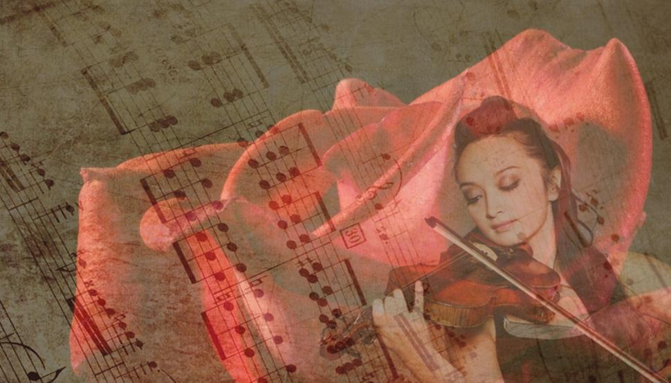 Free Image of Sheet music and rose with woman playing violin 
