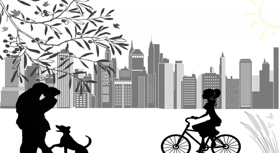 Free Image of City Buildings, Couple, Dog and Woman with Bicycle - Illustration 