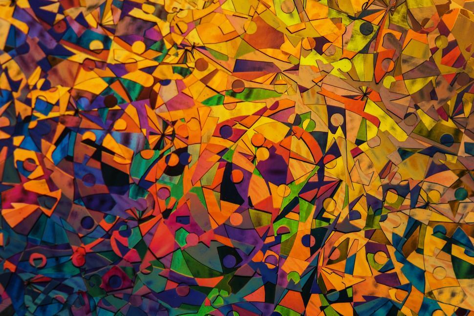 Free Image of Close up of abstract golden, purple and blue glass mosaic 