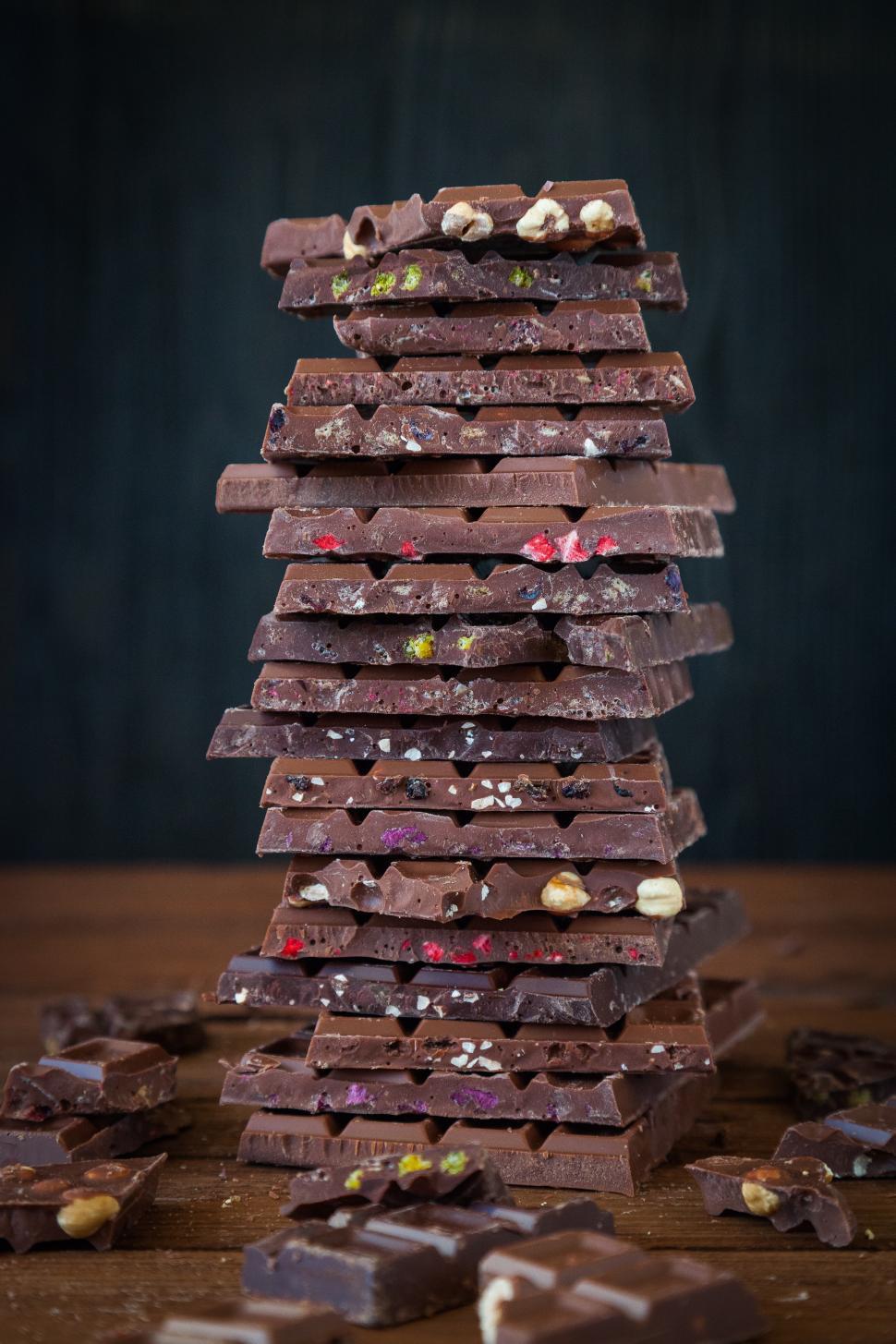 Free Image of Close up of stack of broken chocolate bars 