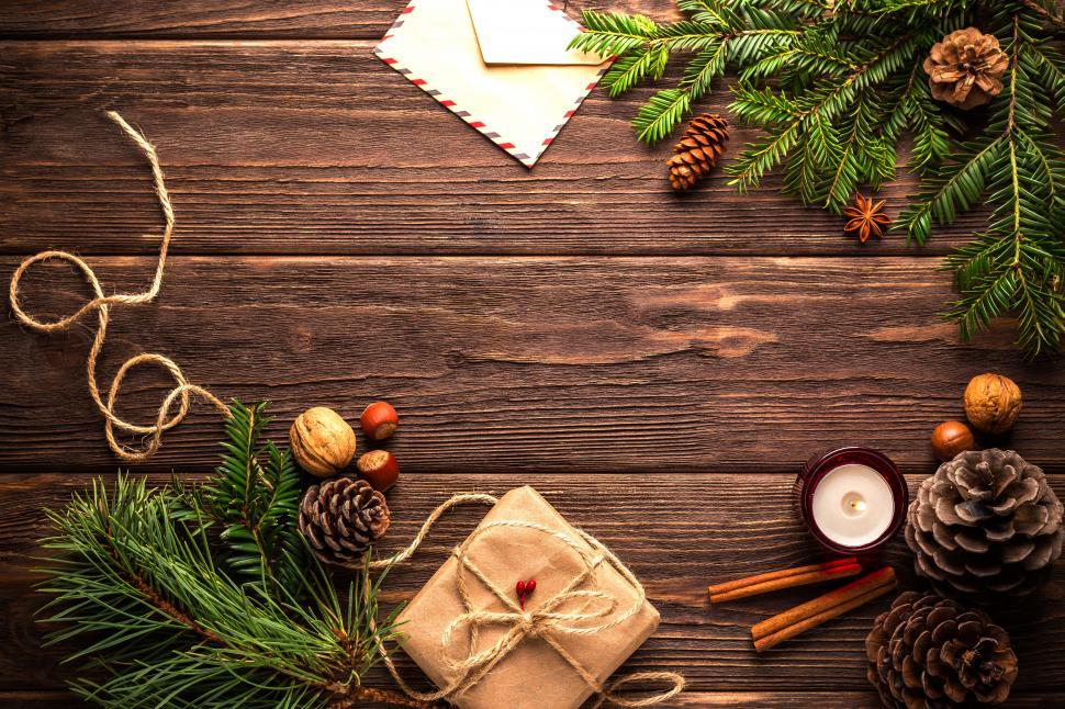 Free Image of Overhead view of Christmas decoration items 