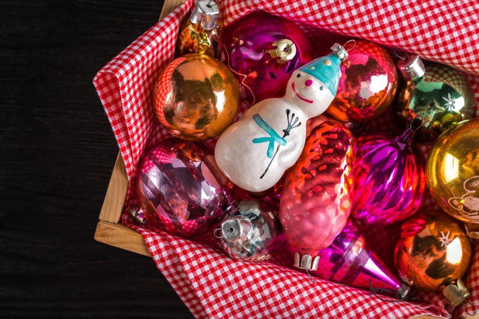 Free Image of Overhead view of Christmas decoration ornaments 