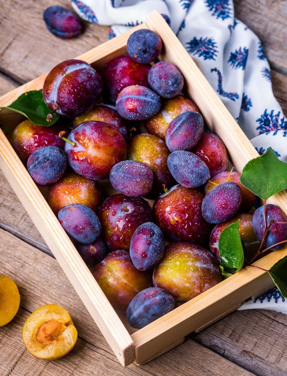 Free Image of Overhead view of a crate of plums 