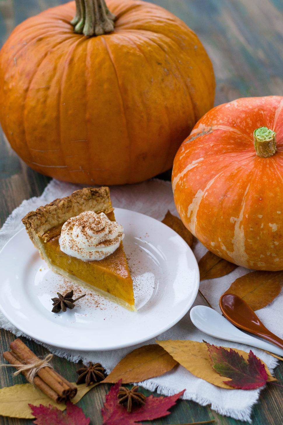 Free Image of Close up of a slice of pumpkin pie on white plate 