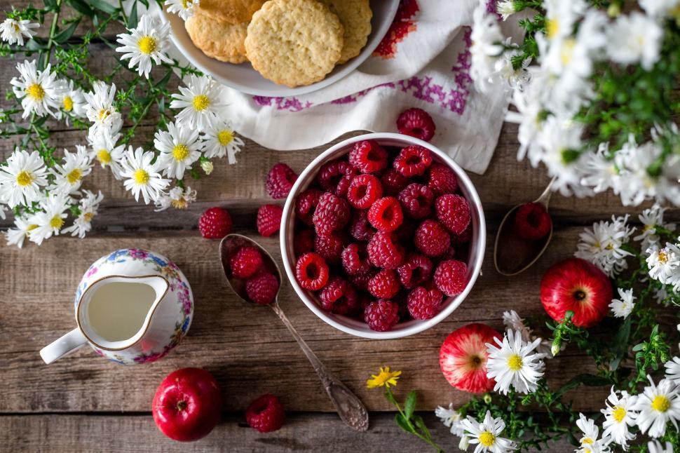 Free Image of Overhead view of a bowl of raspberries 