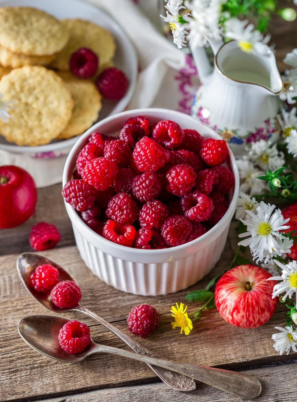 Free Image of Close up of a bowl of raspberries on a table 
