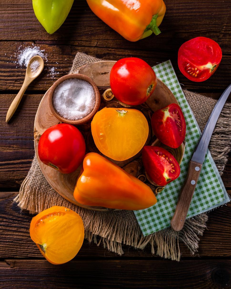 Free Image of Overhead view of bell peppers and tomatoes 