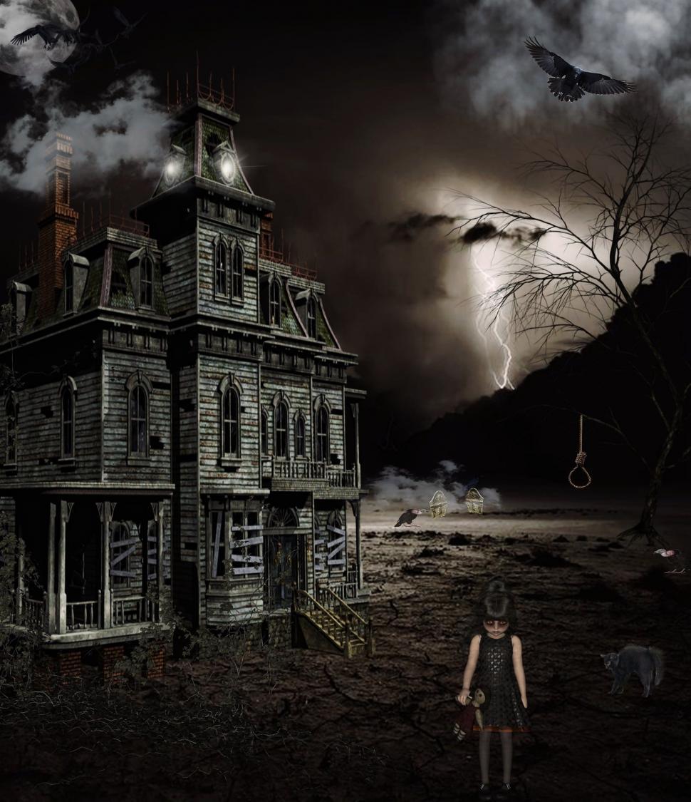 Free Image of Scary photo illustration of haunted house scene 
