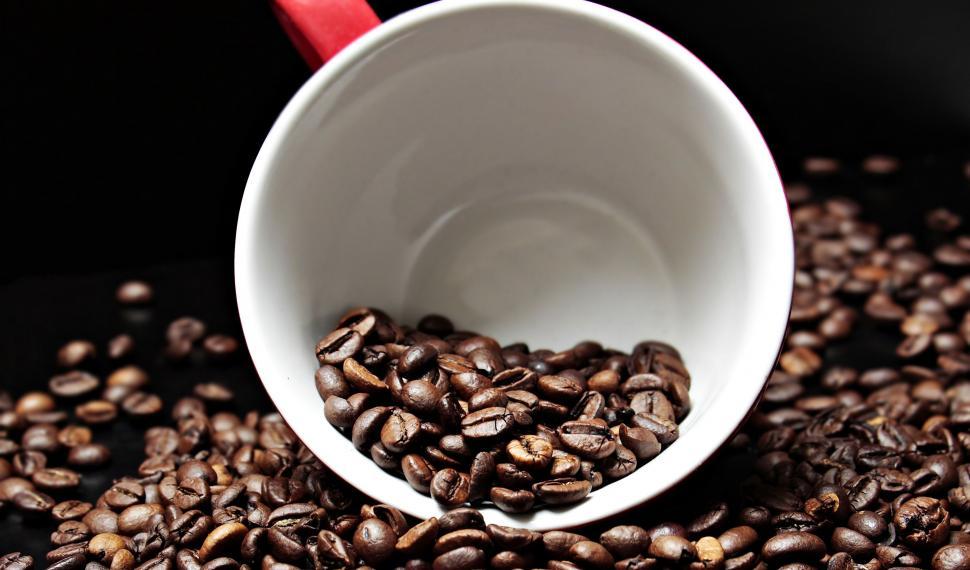 Free Image of Dark roasted coffee beans and mug 