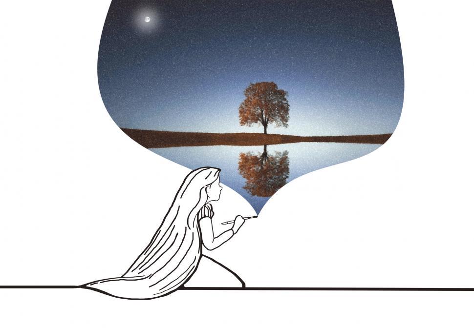 Free Image of Childhood Dreams - A Little Girl Paints a Landscape at Night 