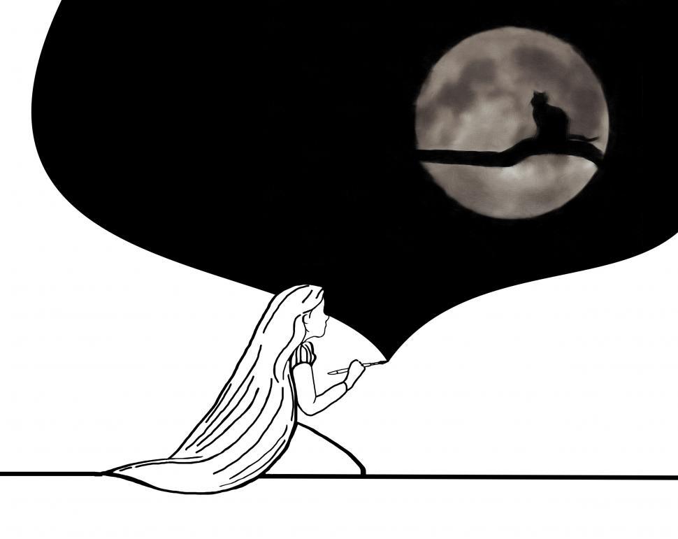 Free Image of Little Girl Paints Cat Silhouette on the Moon 