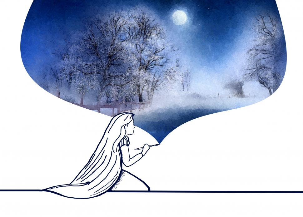 Free Image of Little Girl Paints the Moon and Trees at Night - Illustration 
