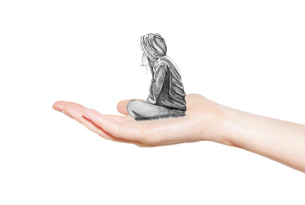 Free Image of Girl Seated on Open Palm - Contemplative - Pencil Drawing 