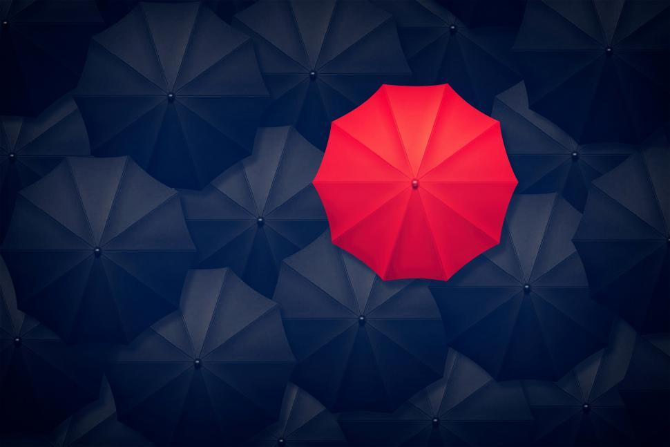 Free Image of Red Umbrella Contrasting With Black Umbrellas - Be Different 