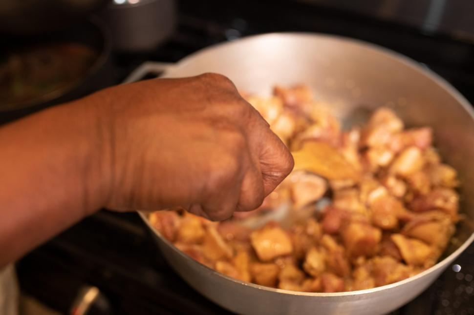 Free Image of Hand with meat pieces in cooking pot 