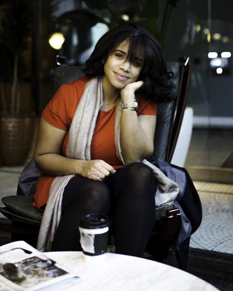Free Image of Young Woman in grey scarf - looking at camera 