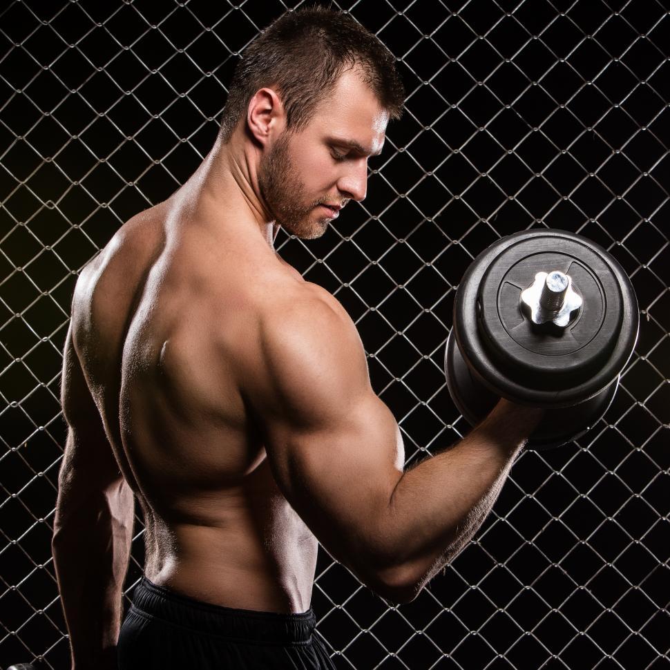 Free Image of Shirtless muscular man doing dumbbell curls 