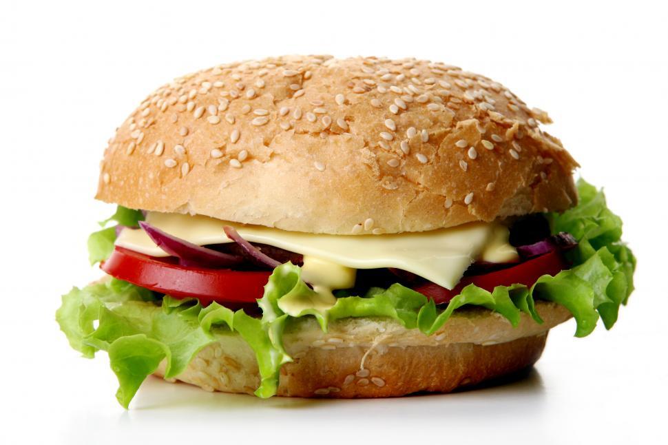 Free Image of A fresh hamburger with lettuce and onion 