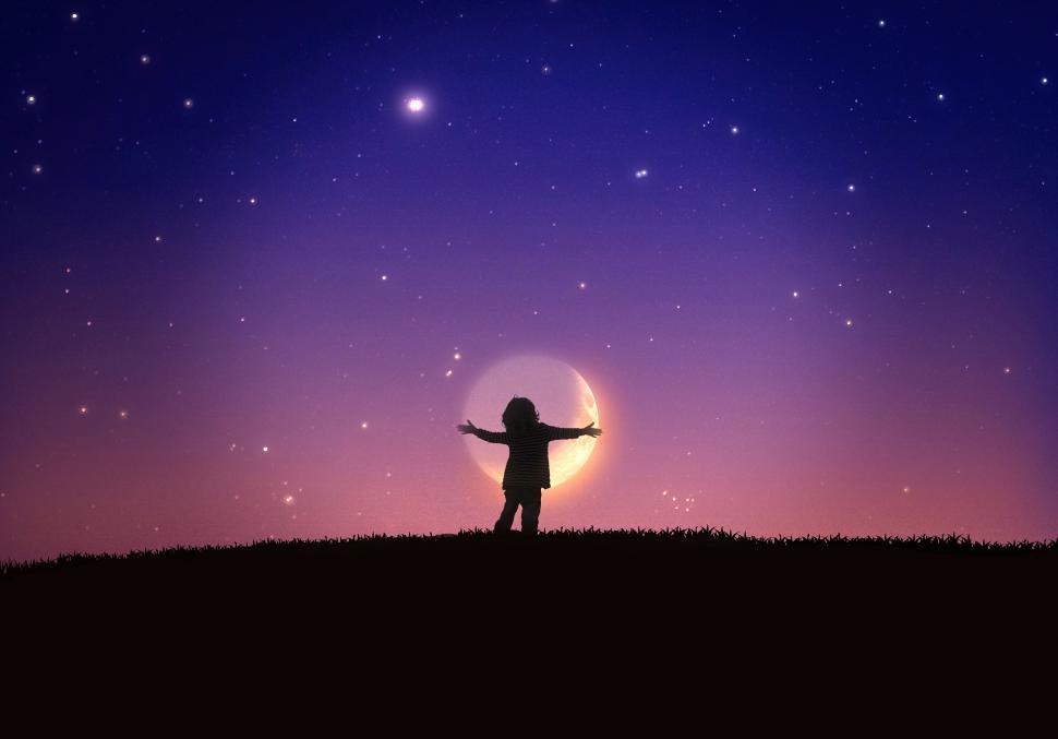 Free Image of Little Child Hugging the Moon - Child Embracing the Moon - Imagi 