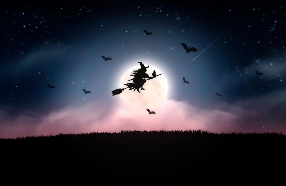 Free Image of Witch and Bats Flying at Night - Halloween 
