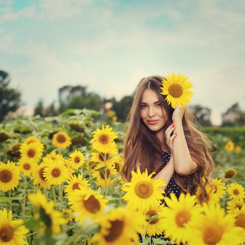 Free Image of Young woman in field of sunflowers 
