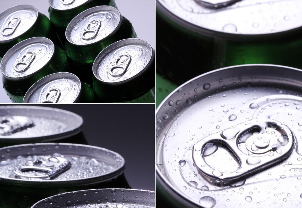 Free Image of Collage. Unopened soda cans with water drops 