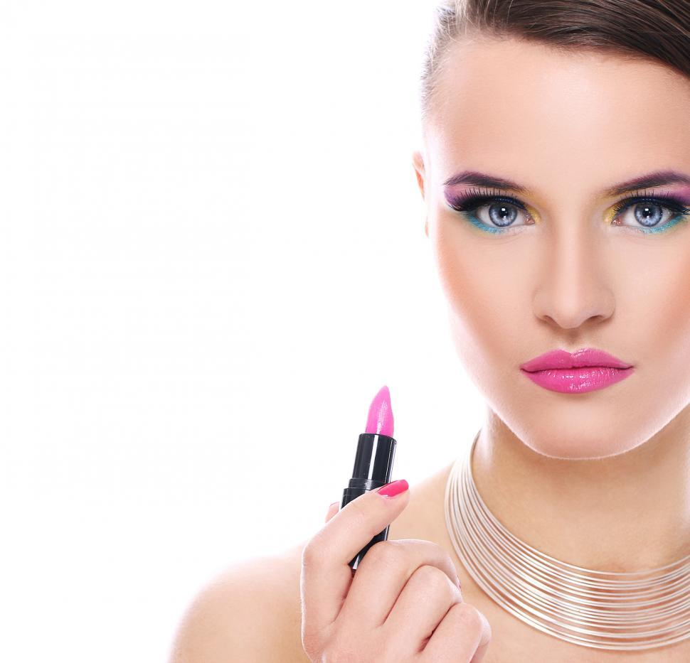 Free Image of Beautiful woman with pink lipstick with copyspace 