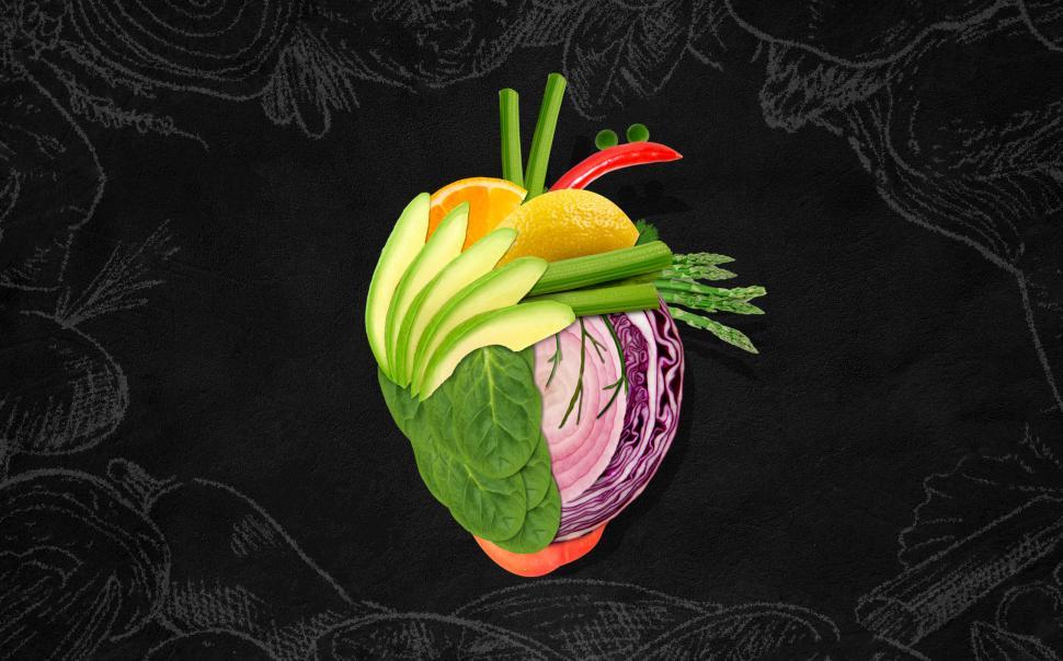 Free Image of Healthy Eating - Heart Made of Fruits and Vegetables on Blackboa 